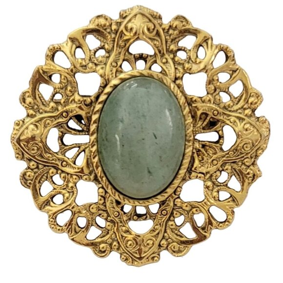 1928 Brand Gold Tone Scalloped Maltese Cross Design Round Aventurine Pin, K646 - Picture 8 of 8